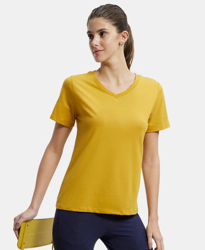 Super Combed Cotton Rich Fabric Relaxed Fit V-Neck Half Sleeve T-Shirt - Golden Spice-5