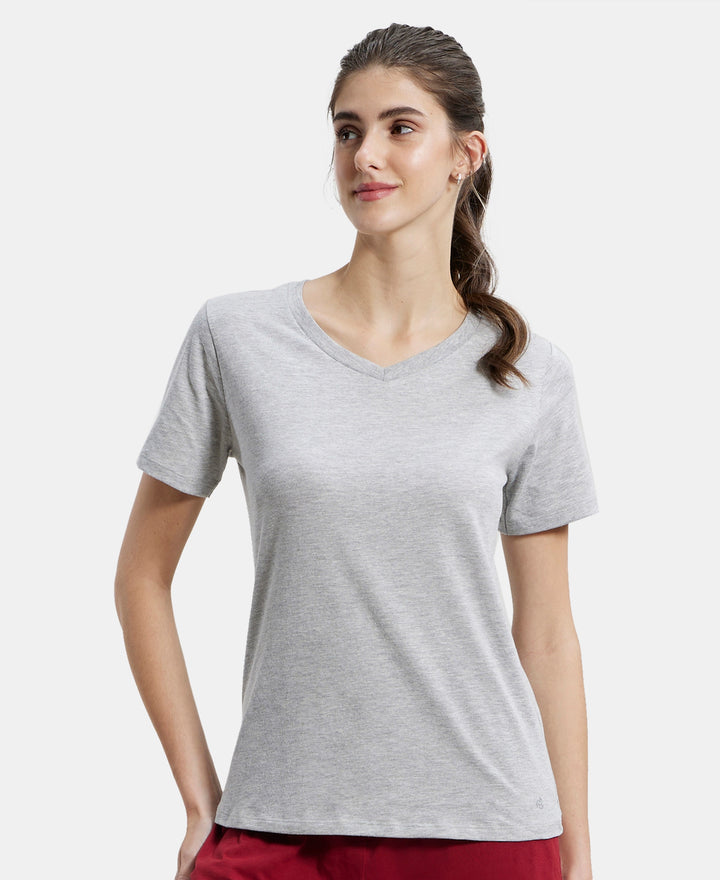 Super Combed Cotton Rich Fabric Relaxed Fit V-Neck Half Sleeve T-Shirt - Light Grey Melange-5
