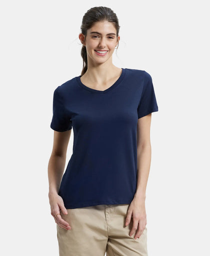 Super Combed Cotton Rich Fabric Relaxed Fit V-Neck Half Sleeve T-Shirt - Navy Blazer-1