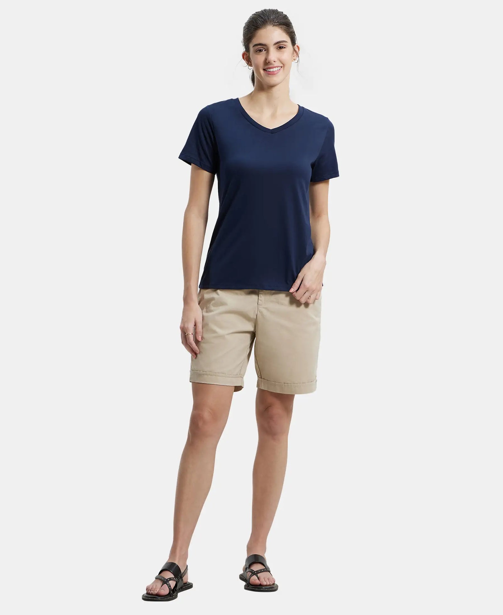 Super Combed Cotton Rich Fabric Relaxed Fit V-Neck Half Sleeve T-Shirt - Navy Blazer-4