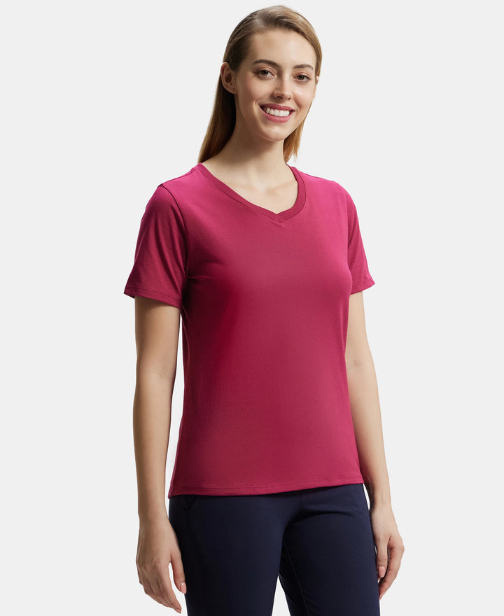 Super Combed Cotton Rich Fabric Relaxed Fit V-Neck Half Sleeve T-Shirt - Red Plum-2