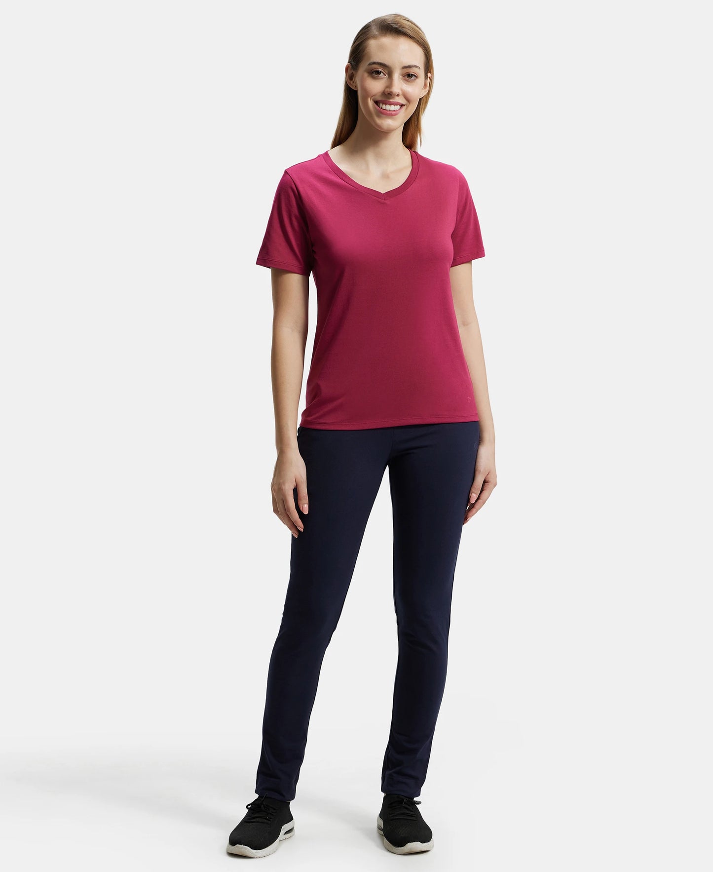 Super Combed Cotton Rich Fabric Relaxed Fit V-Neck Half Sleeve T-Shirt - Red Plum-4