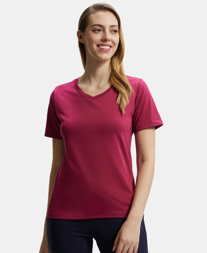 Super Combed Cotton Rich Fabric Relaxed Fit V-Neck Half Sleeve T-Shirt - Red Plum-5