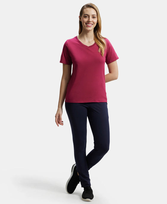 Super Combed Cotton Rich Fabric Relaxed Fit V-Neck Half Sleeve T-Shirt - Red Plum-6