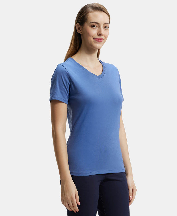 Super Combed Cotton Rich Fabric Relaxed Fit V-Neck Half Sleeve T-Shirt - Topaz Blue-2