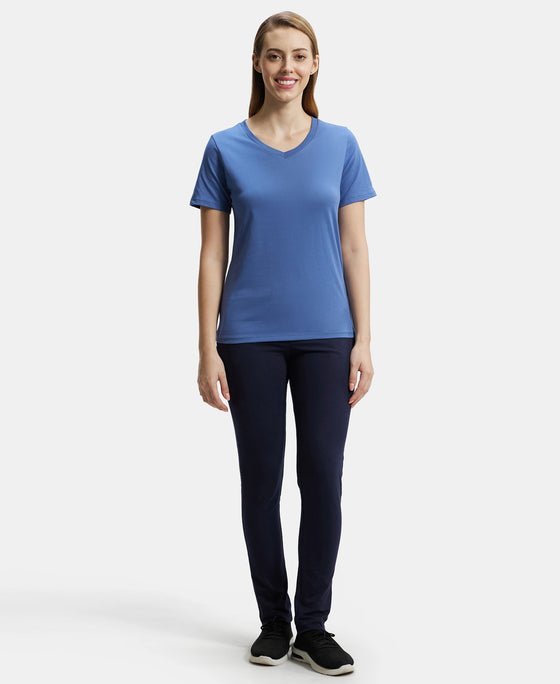 Super Combed Cotton Rich Fabric Relaxed Fit V-Neck Half Sleeve T-Shirt - Topaz Blue-4