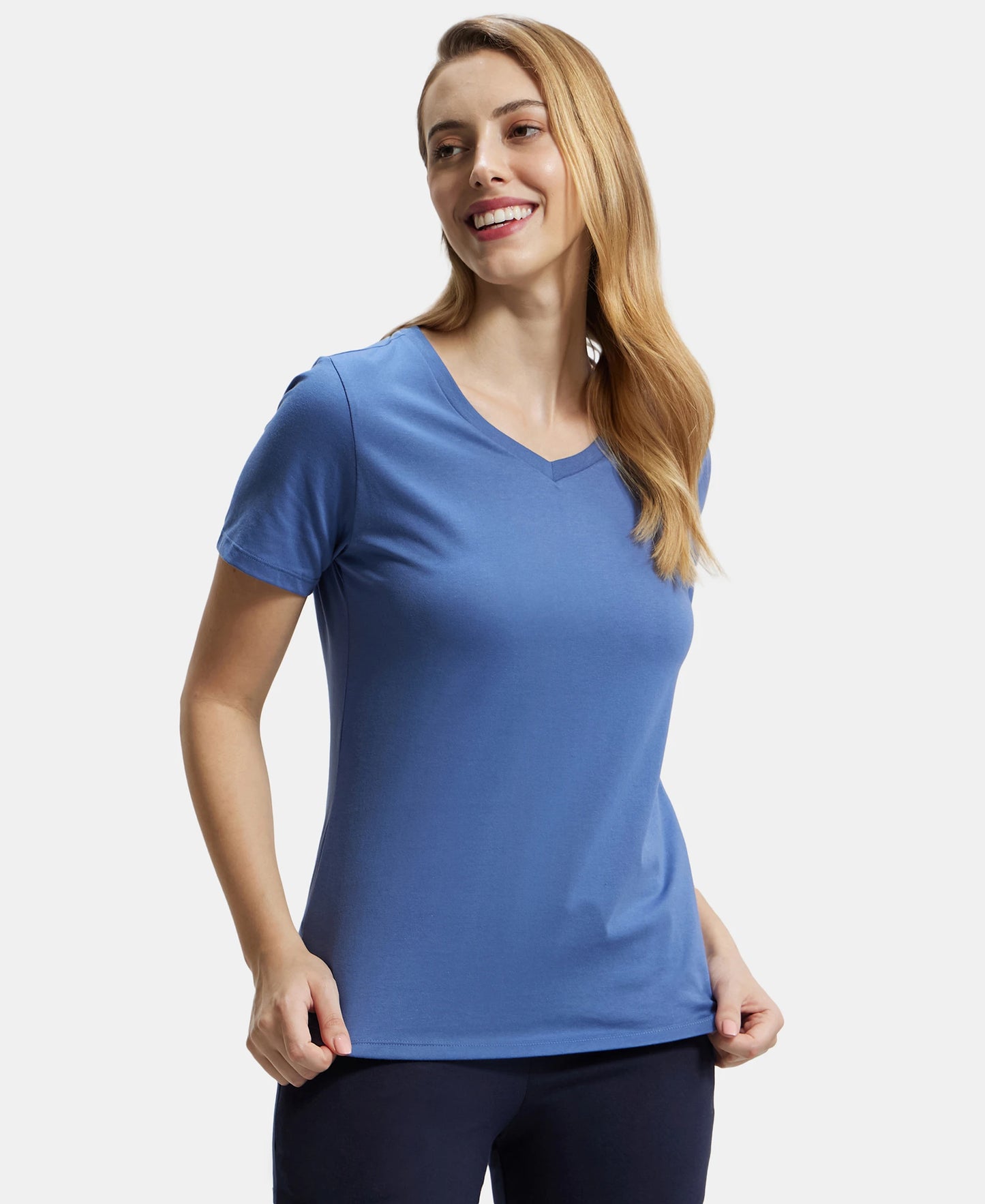 Super Combed Cotton Rich Fabric Relaxed Fit V-Neck Half Sleeve T-Shirt - Topaz Blue-5