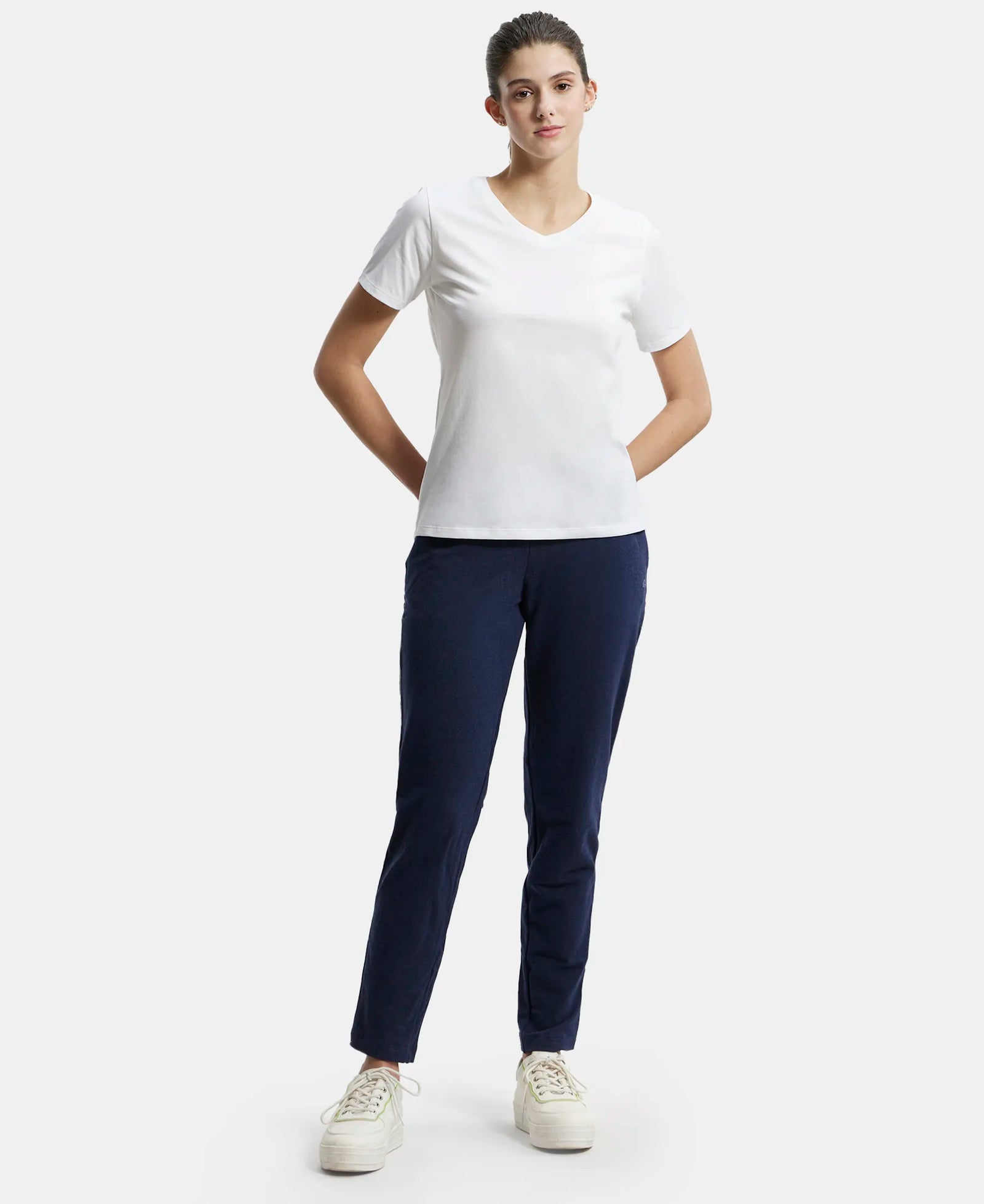 Super Combed Cotton Rich Fabric Relaxed Fit V-Neck Half Sleeve T-Shirt - White-4