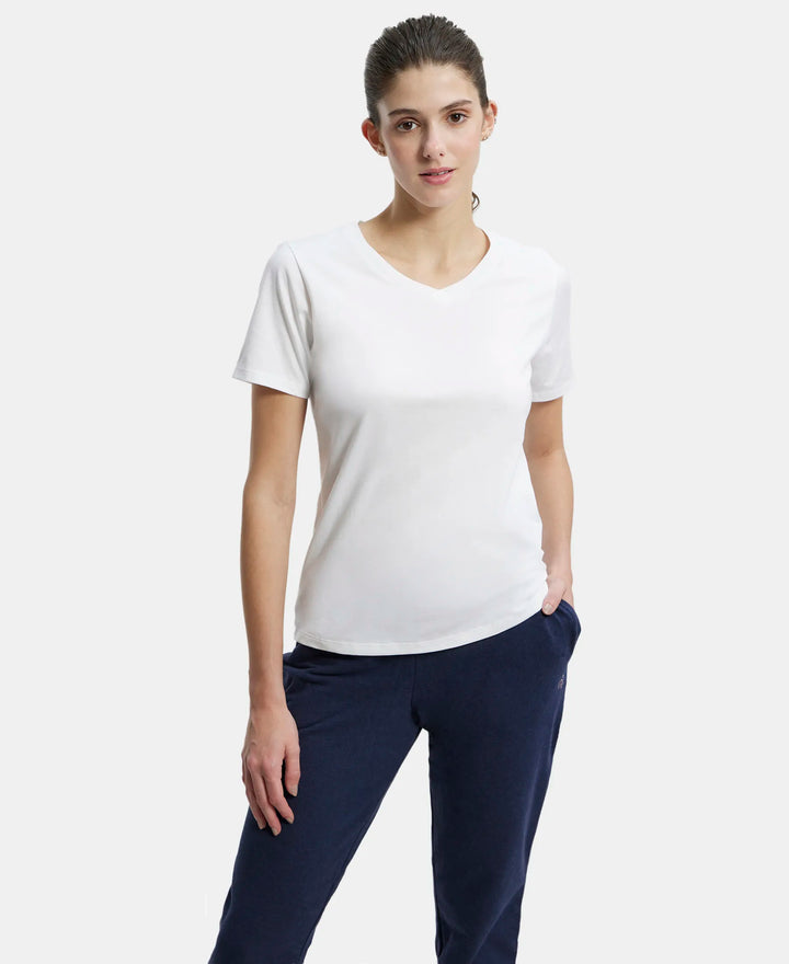 Super Combed Cotton Rich Fabric Relaxed Fit V-Neck Half Sleeve T-Shirt - White-6