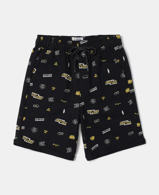 Super Combed Cotton French Terry Printed Shorts with Turn Up Hem Styling - Black-1