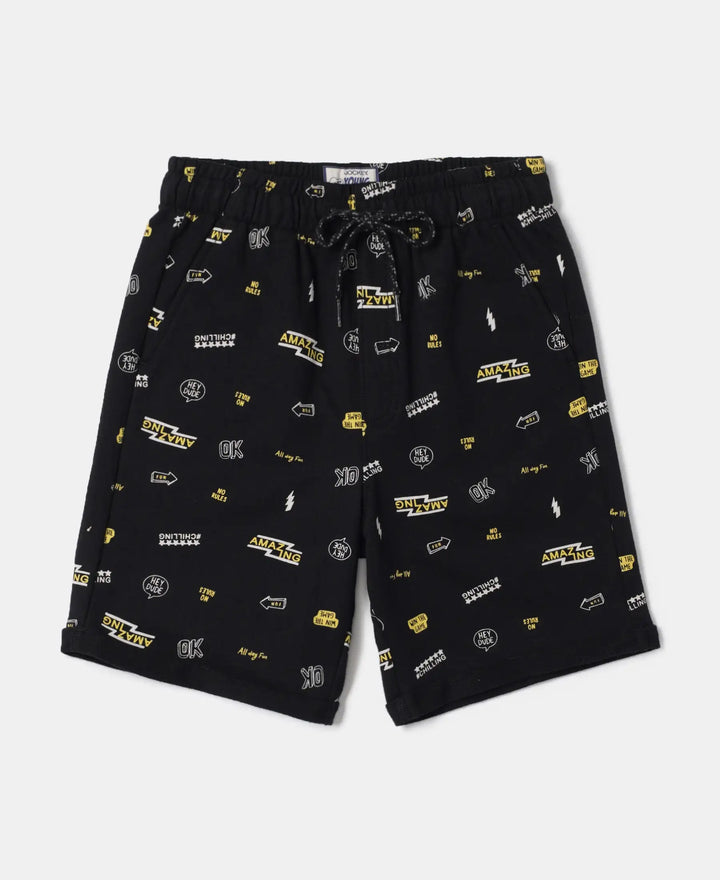 Super Combed Cotton French Terry Printed Shorts with Turn Up Hem Styling - Black-1