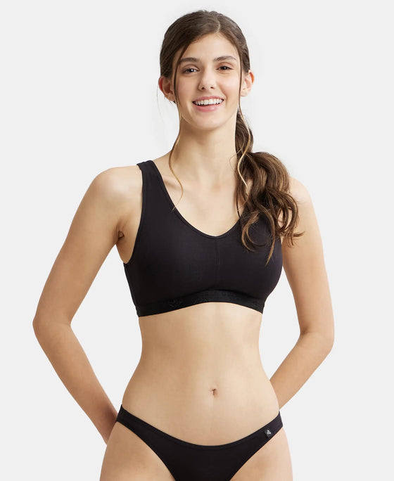 Wirefree Padded Super Combed Cotton Elastane Full Coverage Sleep Bra with Removable Pads - Black-1