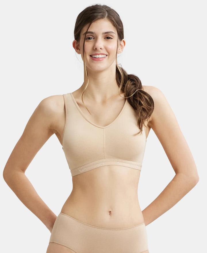 Wirefree Padded Super Combed Cotton Elastane Full Coverage Sleep Bra with Removable Pads - Skin-1