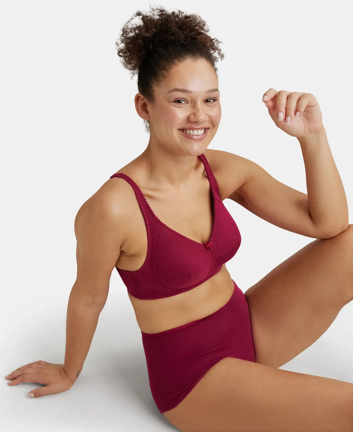Wirefree Non Padded Super Combed Cotton Elastane Full Coverage Plus Size Bra with Side Panel Support - Beet Red-5