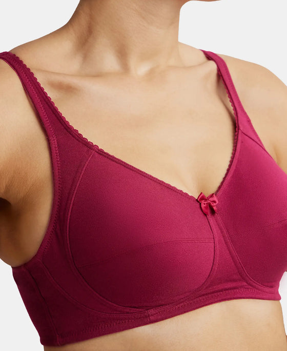 Wirefree Non Padded Super Combed Cotton Elastane Full Coverage Plus Size Bra with Side Panel Support - Beet Red-6