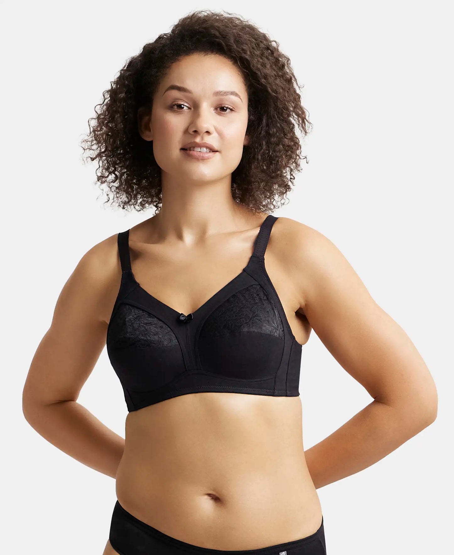 Wirefree Non Padded Super Combed Cotton Elastane Full Coverage Plus Size Bra with Lace Styling - Black-1