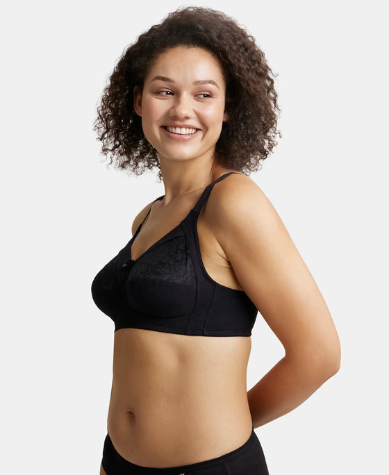 Wirefree Non Padded Super Combed Cotton Elastane Full Coverage Plus Size Bra with Lace Styling - Black-2