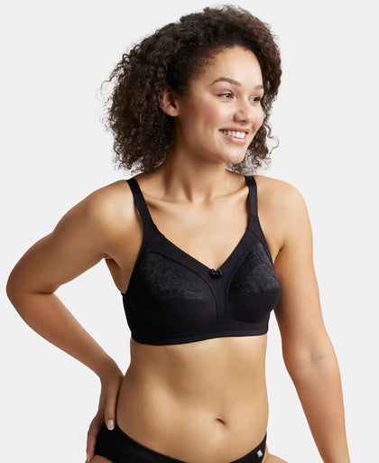 Wirefree Non Padded Super Combed Cotton Elastane Full Coverage Plus Size Bra with Lace Styling - Black-5
