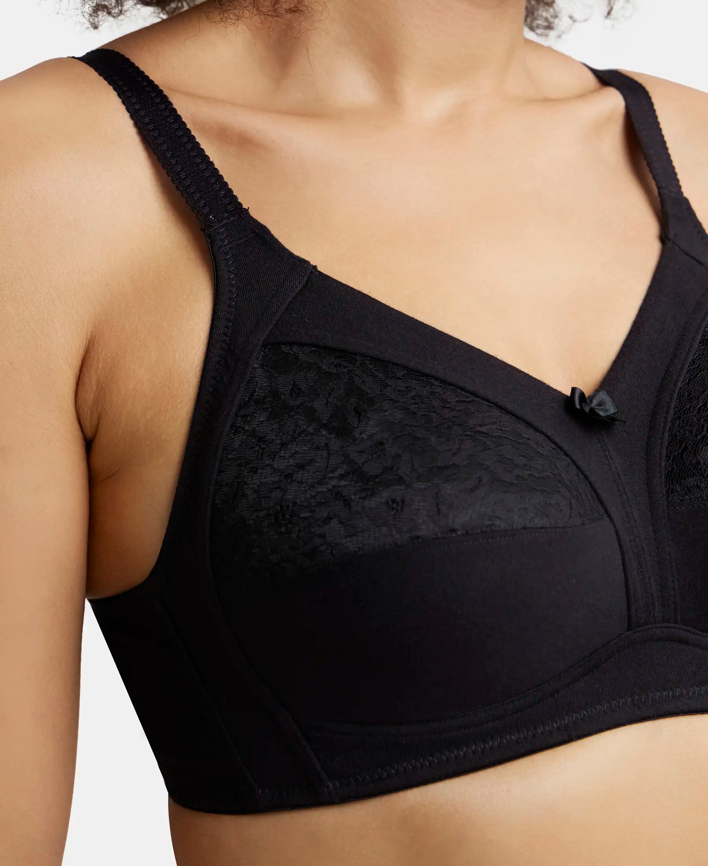 Wirefree Non Padded Super Combed Cotton Elastane Full Coverage Plus Size Bra with Lace Styling - Black-6