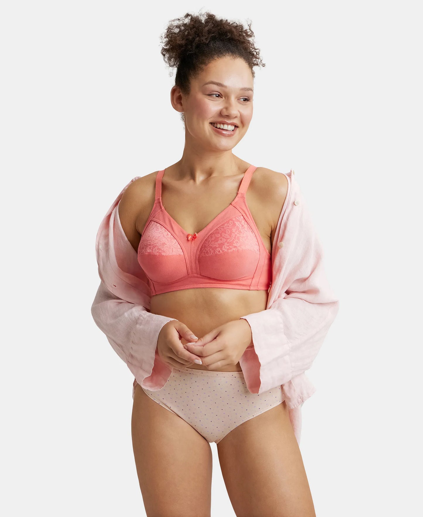 Wirefree Non Padded Super Combed Cotton Elastane Full Coverage Plus Size Bra with Lace Styling - Blush Pink-6