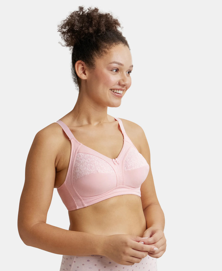 Wirefree Non Padded Super Combed Cotton Elastane Full Coverage Plus Size Bra with Lace Styling - Candy Pink-2