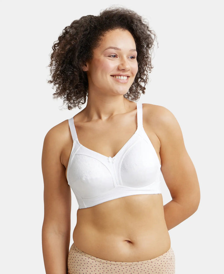 Wirefree Non Padded Super Combed Cotton Elastane Full Coverage Plus Size Bra with Lace Styling - White-1