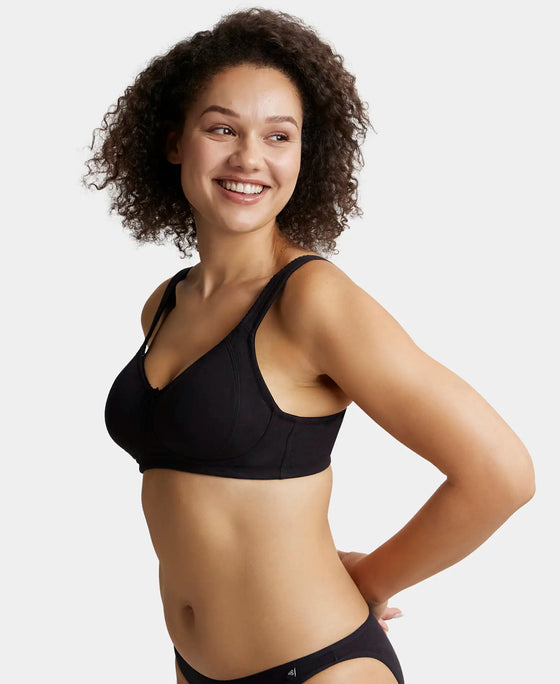 Wirefree Non Padded Super Combed Cotton Elastane Full Coverage Plus Size Bra Plush Lining Cup - Black-2
