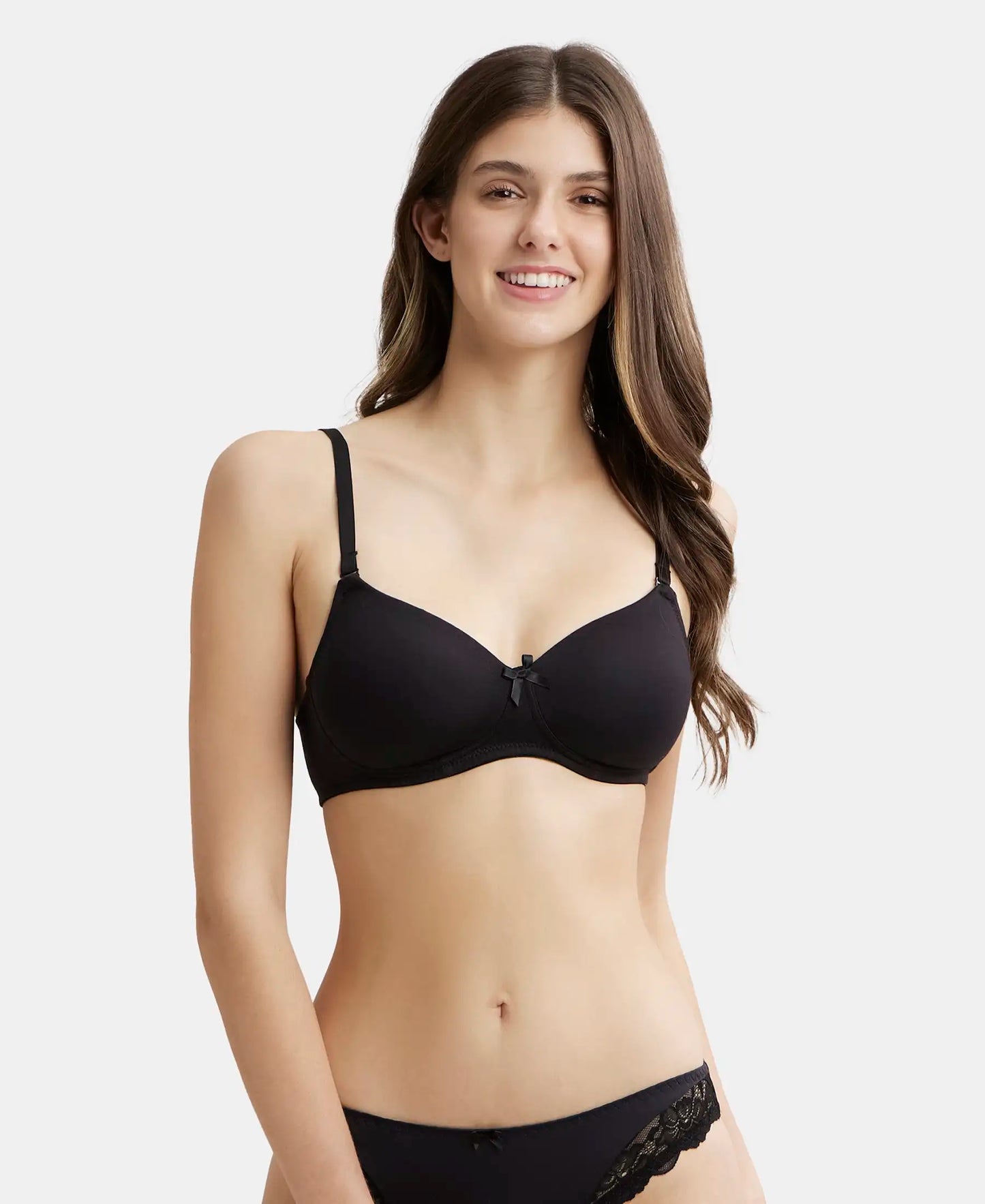 Wirefree Padded Super Combed Cotton Elastane Medium Coverage T-Shirt Bra with Detachable Straps - Black-1
