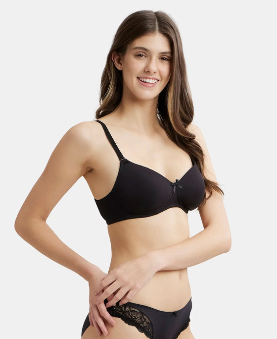 Wirefree Padded Super Combed Cotton Elastane Medium Coverage T-Shirt Bra with Detachable Straps - Black-2