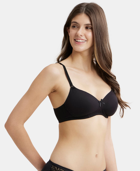 Wirefree Padded Super Combed Cotton Elastane Medium Coverage T-Shirt Bra with Detachable Straps - Black-5