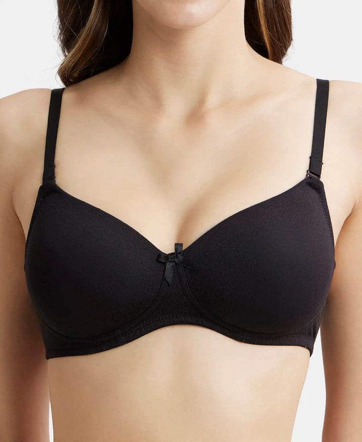 Wirefree Padded Super Combed Cotton Elastane Medium Coverage T-Shirt Bra with Detachable Straps - Black-6
