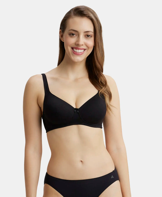 Wirefree Padded Super Combed Cotton Elastane Full Coverage T-Shirt Bra with Broad Fabric Straps - Black-1