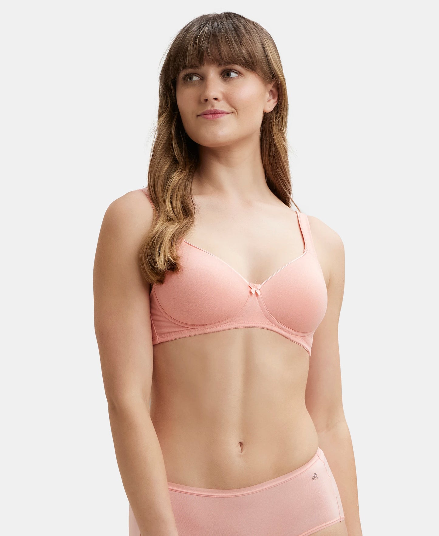 Wirefree Padded Super Combed Cotton Elastane Full Coverage T-Shirt Bra with Broad Fabric Straps - Candlelight Peach-1