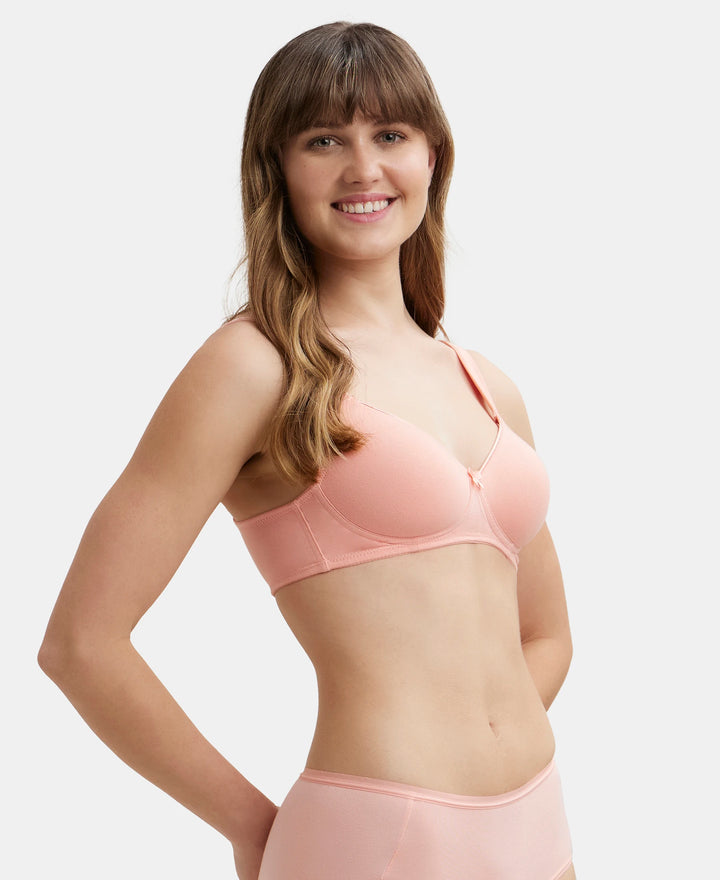 Wirefree Padded Super Combed Cotton Elastane Full Coverage T-Shirt Bra with Broad Fabric Straps - Candlelight Peach-2