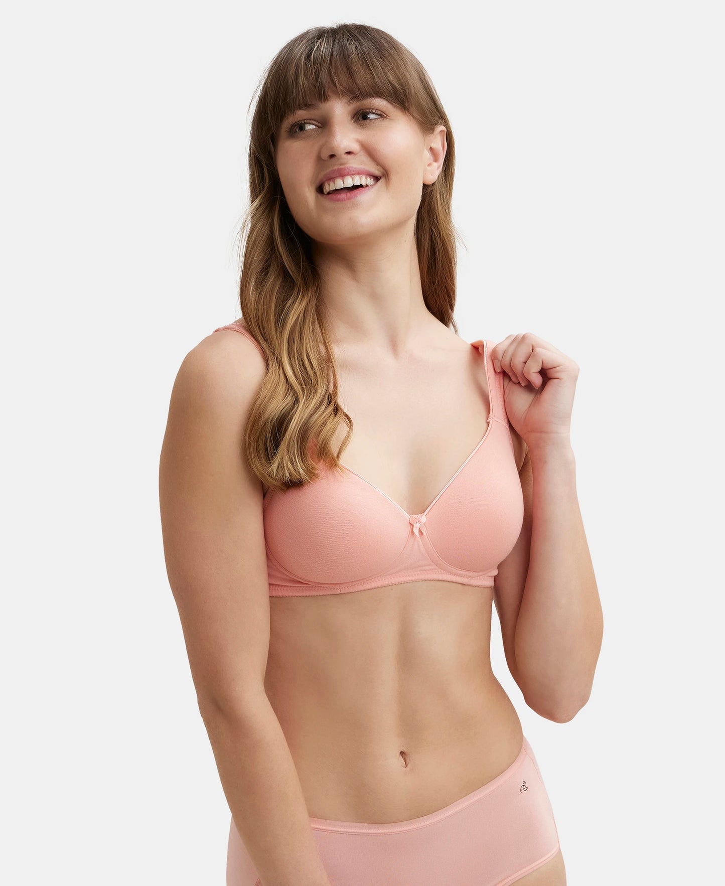 Wirefree Padded Super Combed Cotton Elastane Full Coverage T-Shirt Bra with Broad Fabric Straps - Candlelight Peach-5