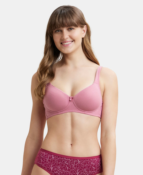 Wirefree Padded Super Combed Cotton Elastane Full Coverage T-Shirt Bra with Broad Fabric Straps - Heather Rose-1