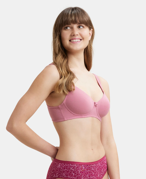 Wirefree Padded Super Combed Cotton Elastane Full Coverage T-Shirt Bra with Broad Fabric Straps - Heather Rose-2