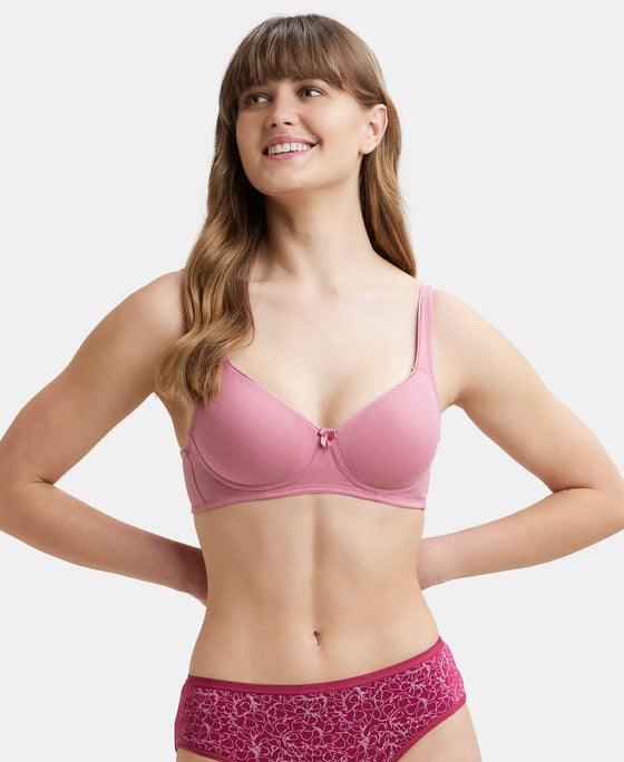 Wirefree Padded Super Combed Cotton Elastane Full Coverage T-Shirt Bra with Broad Fabric Straps - Heather Rose-5