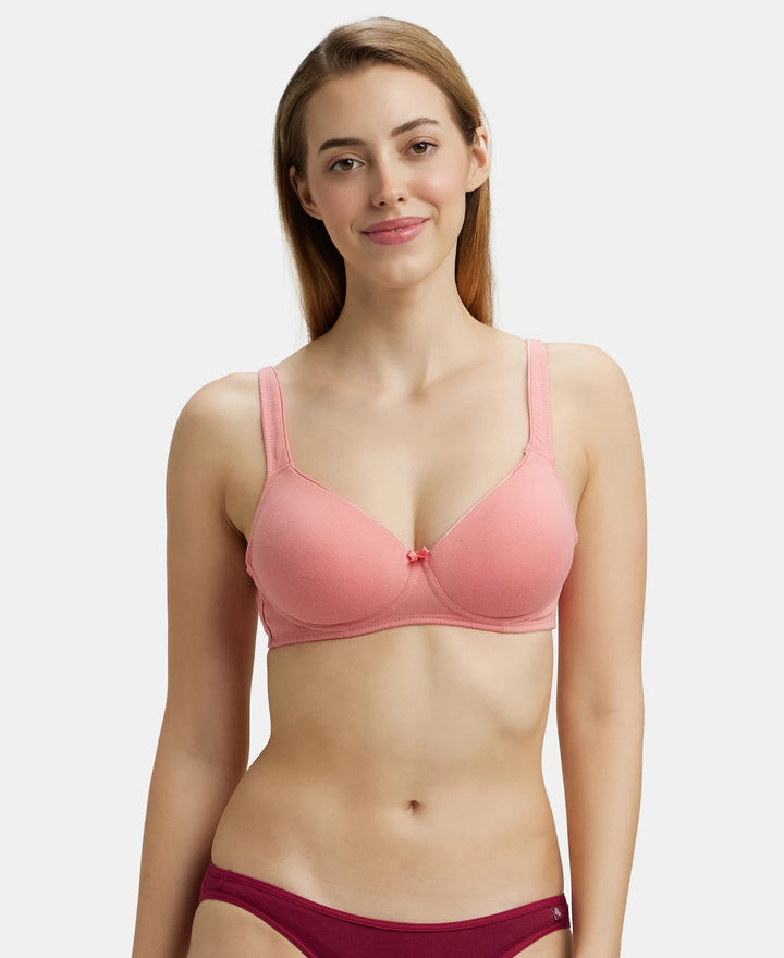 Wirefree Padded Super Combed Cotton Elastane Full Coverage T-Shirt Bra with Broad Fabric Straps - Peach Blossom-1