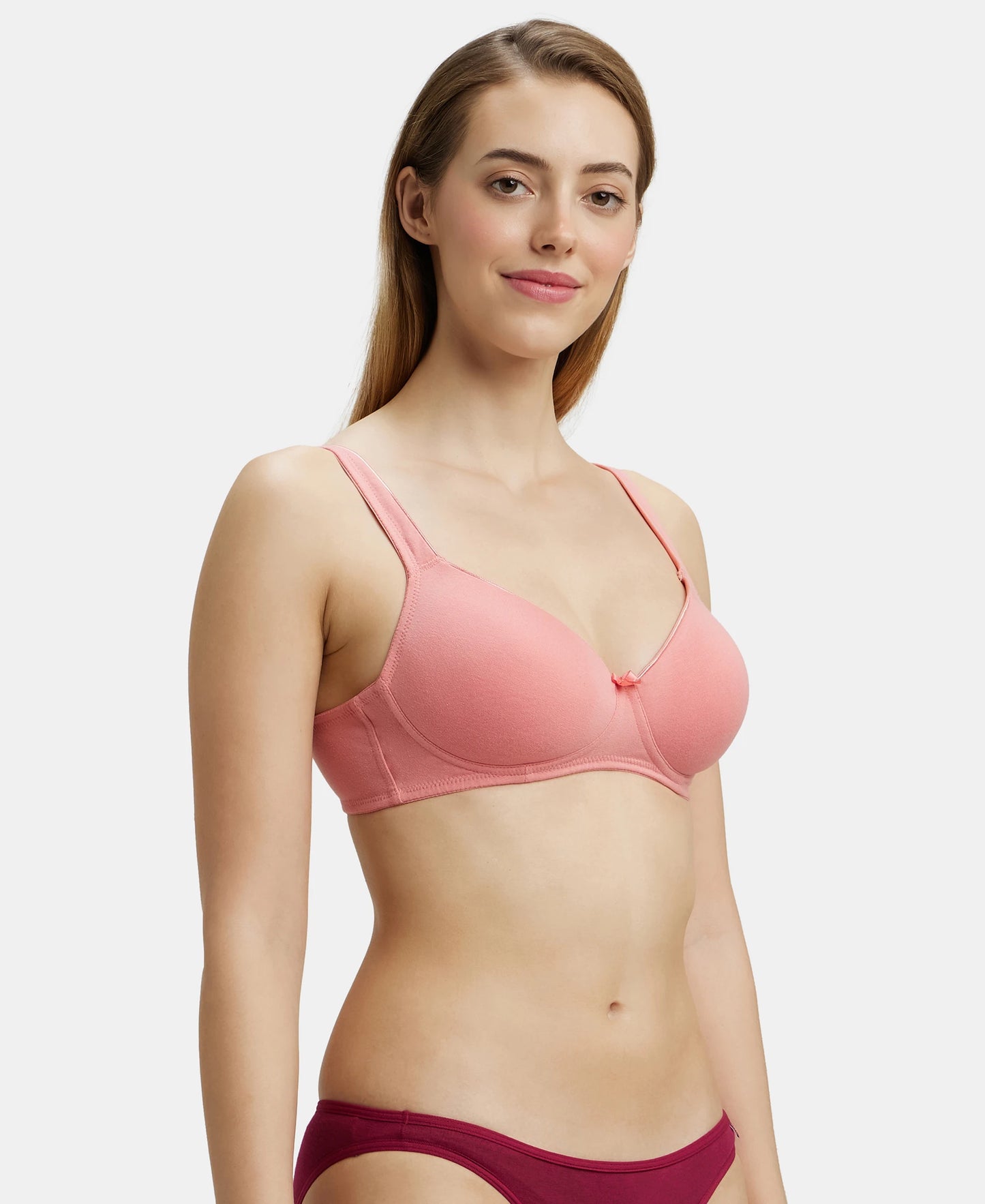 Wirefree Padded Super Combed Cotton Elastane Full Coverage T-Shirt Bra with Broad Fabric Straps - Peach Blossom-2