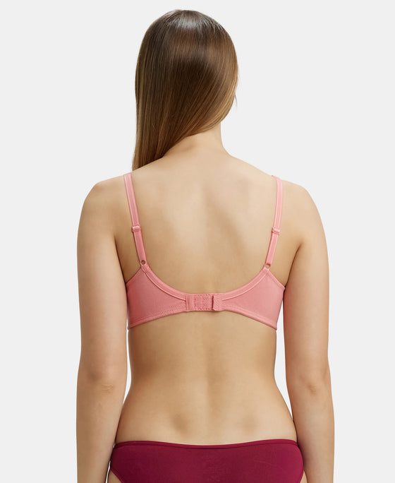 Wirefree Padded Super Combed Cotton Elastane Full Coverage T-Shirt Bra with Broad Fabric Straps - Peach Blossom-3