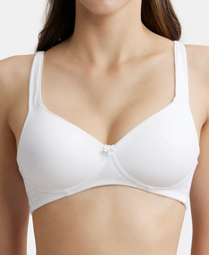 Wirefree Padded Super Combed Cotton Elastane Full Coverage T-Shirt Bra with Broad Fabric Straps - White-6