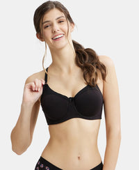 Under-Wired Padded Super Combed Cotton Elastane Full Coverage T-Shirt Bra with Stylised Mesh Panel - Black-5