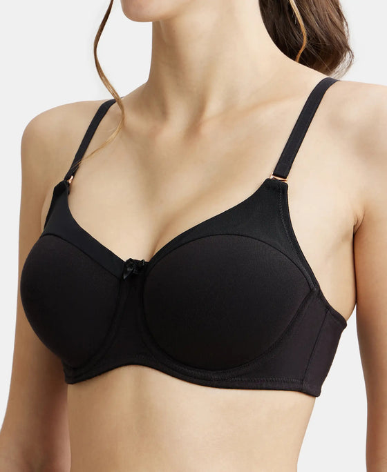Under-Wired Padded Super Combed Cotton Elastane Full Coverage T-Shirt Bra with Stylised Mesh Panel - Black-7