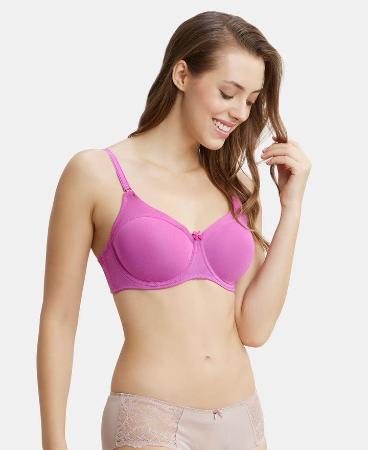 Under-Wired Padded Super Combed Cotton Elastane Full Coverage T-Shirt Bra with Stylised Mesh Panel - Lavender Scent-2