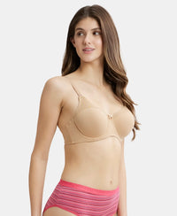 Under-Wired Padded Super Combed Cotton Elastane Full Coverage T-Shirt Bra with Stylised Mesh Panel - Skin-2