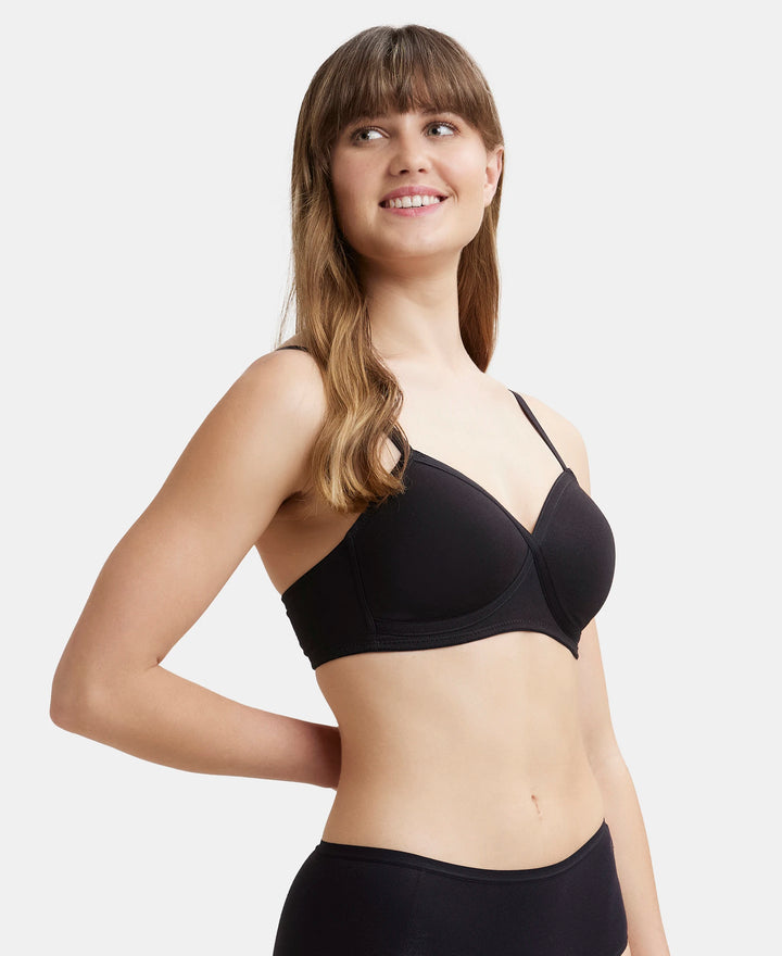 Wirefree Padded Super Combed Cotton Elastane Full Coverage T-Shirt Bra with Cross Over Fit - Black-2