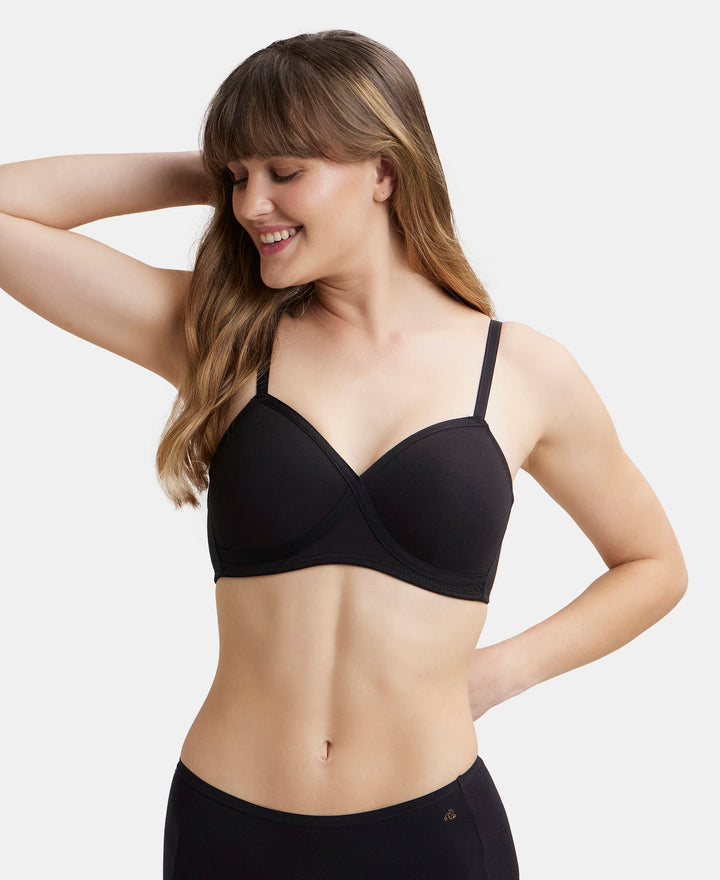 Wirefree Padded Super Combed Cotton Elastane Full Coverage T-Shirt Bra with Cross Over Fit - Black-5