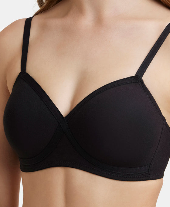 Wirefree Padded Super Combed Cotton Elastane Full Coverage T-Shirt Bra with Cross Over Fit - Black-7