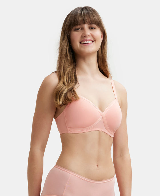 Wirefree Padded Super Combed Cotton Elastane Full Coverage T-Shirt Bra with Cross Over Fit - Candlelight Peach-2